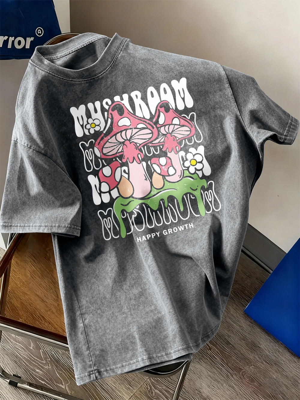 

Creative Mushroom Letter Prints Washed T-Shirts Women Cotton Short Sleeve Tops Hip Hop O-Neck Oversized T Shirt Summer Clothes