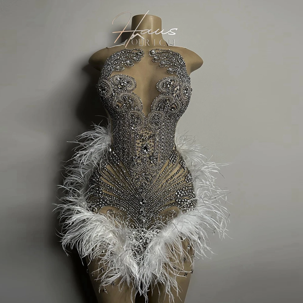 Vestido de cóctel con plumas y cristales brillantes, minivestido de lujo con cuentas de sirena, vestidos de graduación de Noche, Vestidos de celebridades de encaje con imagen Real