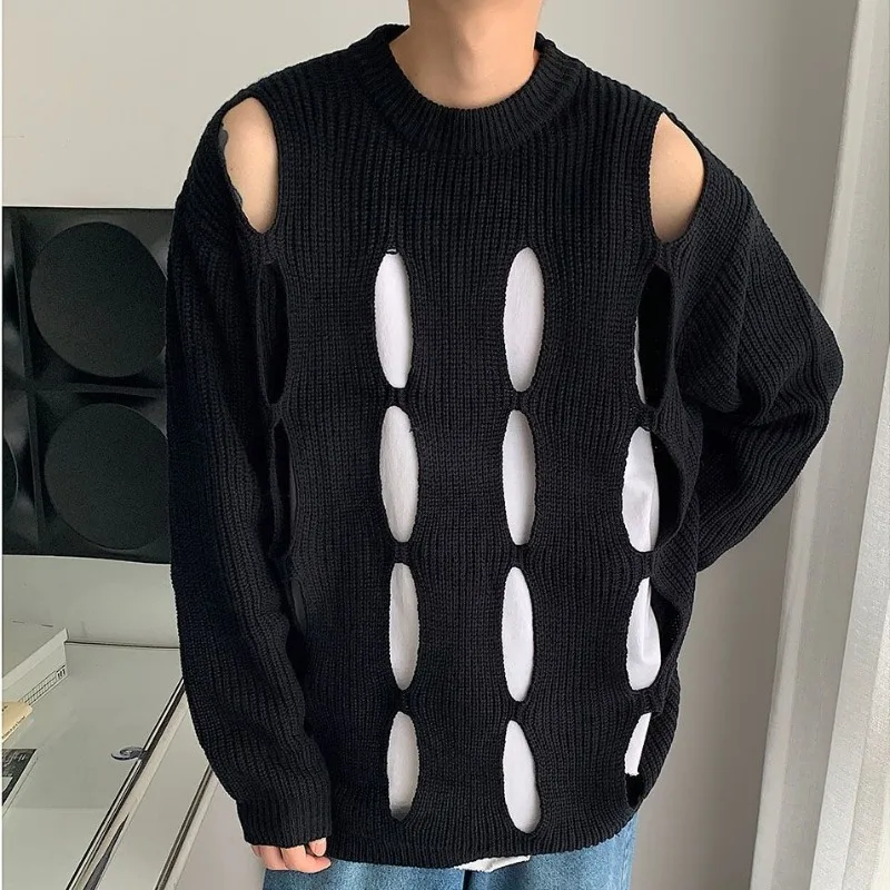 Autumn Japanese Trend Lazy Style Hollow Knitted Sweater Men's and Women's Long Sleeved Loose Jumpers Soft Casual Ripped Sweater