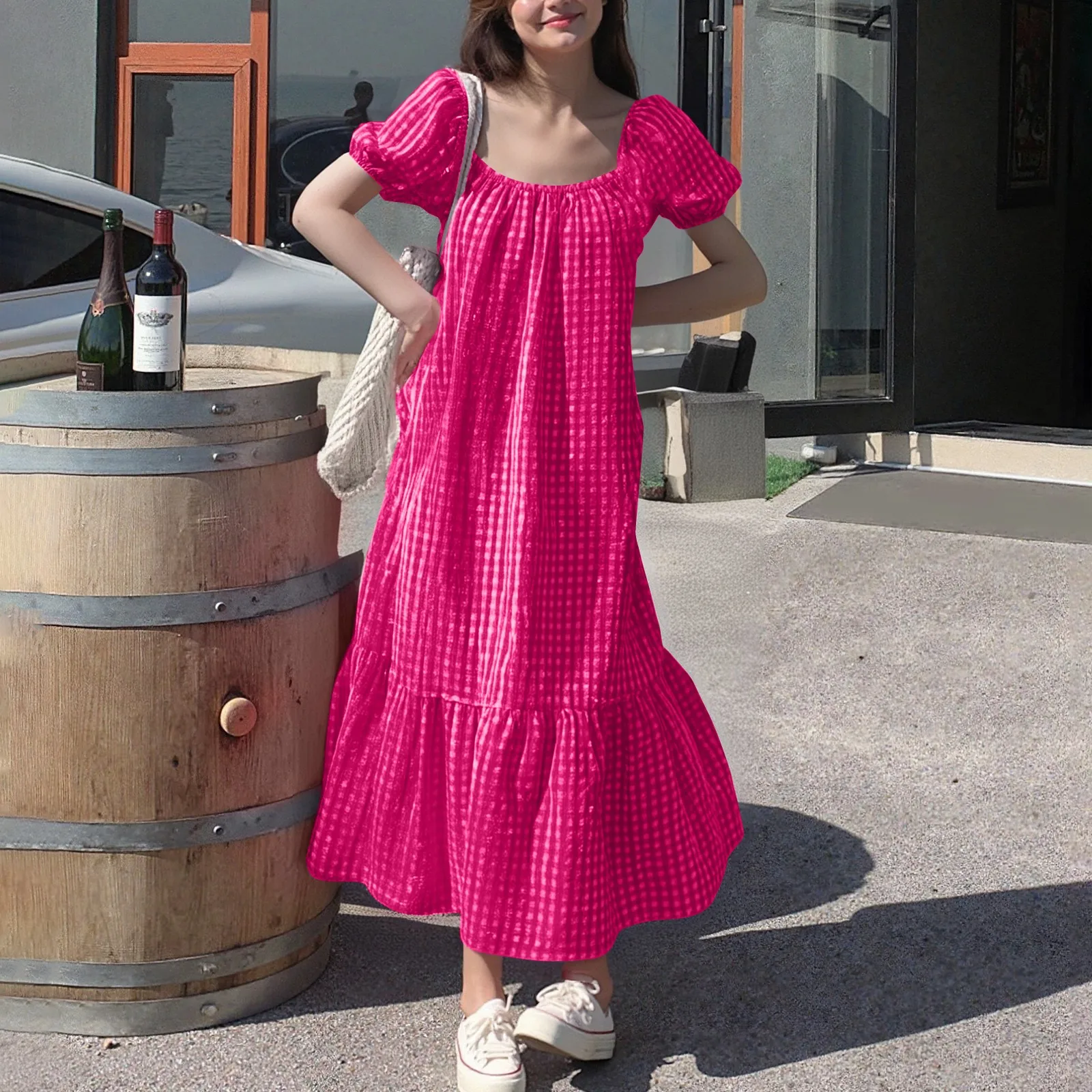 Ladies' Plaid Printed Fashionable Pullover Square Neck Dress, Casual Versatile Long Skirt Vestidos Para Mujer Long Dresses