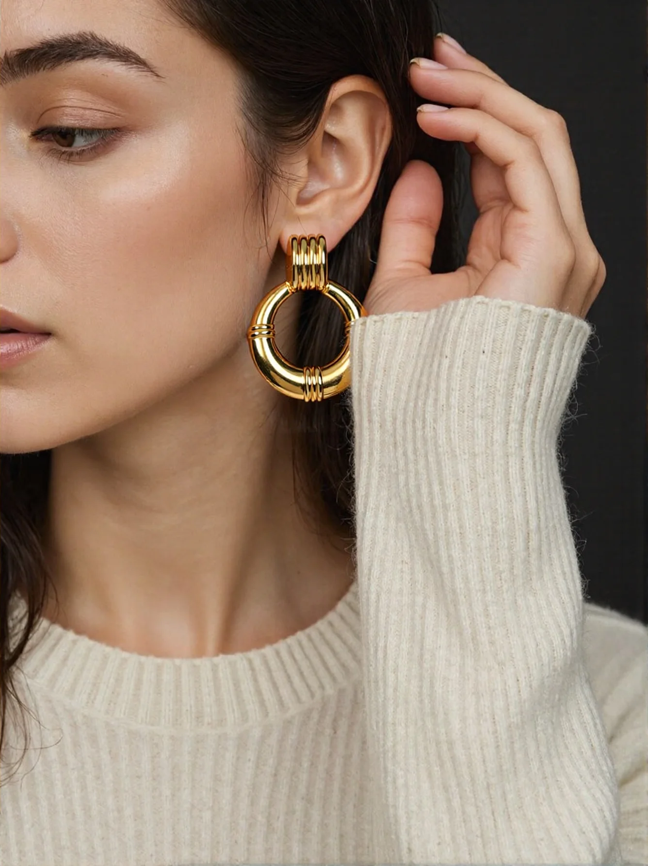 الفولاذ المقاوم للصدأ 18 كيلو مطلية بالذهب هندسية كبيرة الحجم مزدوجة هوب وأقراط المرأة موضة عقدة الأذن مجوهرات اكسسوارات