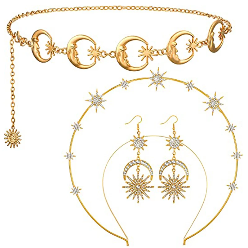 3 Pieces Halo Crown Earrings for Women Belt Chain Set Stars Crown Drop Earrings Moon Star Body Chain Belt