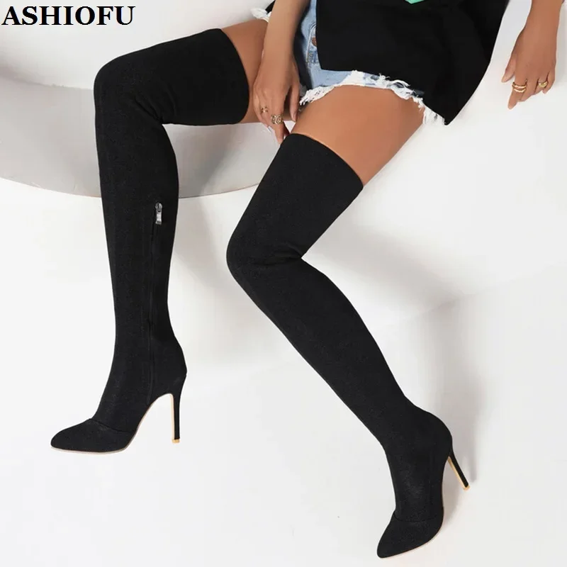 ASHIOFU Handmade Factory Sales Womens High Heels Boots Pointed-toe Dance-club Sexy Thigh-high Booty Evening Fashion Winter Shoes