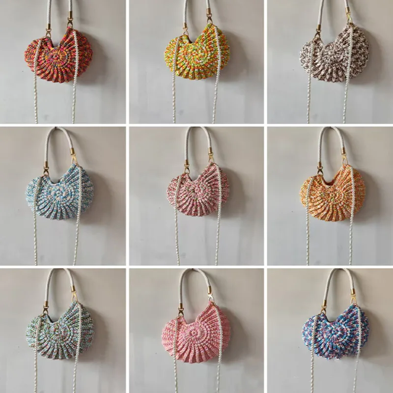 

Summer Woven Crochet Purses For Women Conch Shell Sling Shoulder Bag Beach Clutch Handbags Lady Pearl Hobo Casual Colorful Bag
