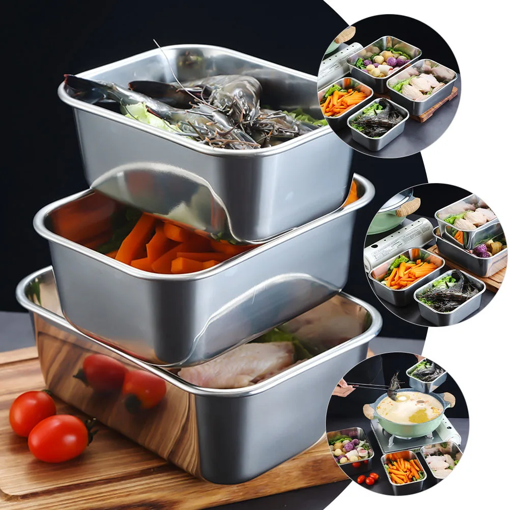 

Stainless Steel 304 Deep Food Plate Rectangle Metal Plate Food Holder for Hot Pot Bbq Dining Outdoor Kitchen Use
