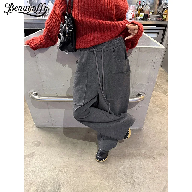 

Benuynffy American Multi-pocket Wide Leg Pants for Women 2025 Autumn Winter New Drawstring Wasit Street Casual Baggy Trousers