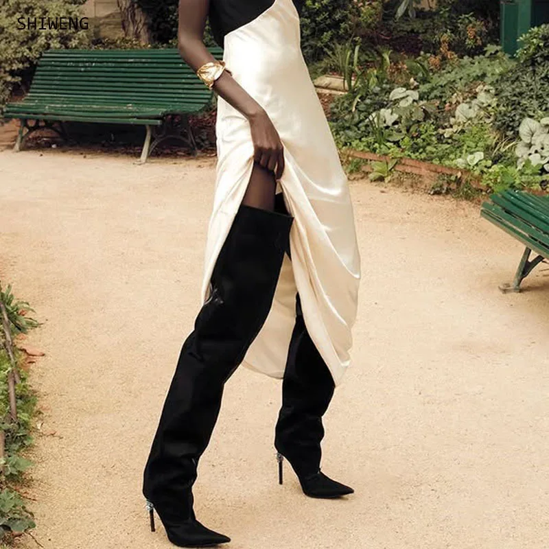 

2025 Women Over Knee Boots Thin Heels Comfortable Pull On Tall Boots Ladies Handmade Shoes Woman Big Size 44