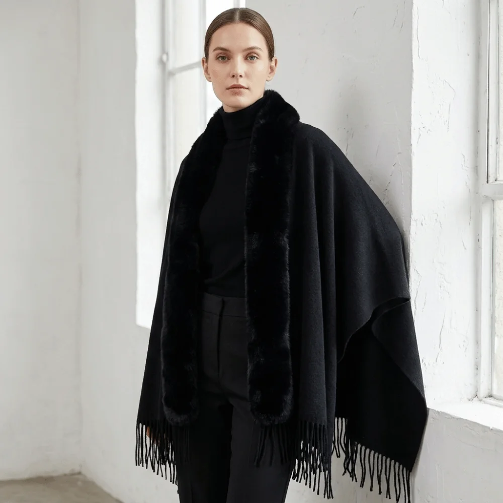 Minimalist Oversized Faux Fur Collar Shawl Tassel Soft Oversized Warm Cape Polyester Warm Lining Wrap Poncho Indoor