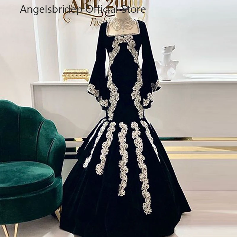 

Angelsbridep Black Satin Prom Dresses Gold Appliques Mermaid Square Neck Evening Party Gowns Event Dresses Robes De Soirée 2023