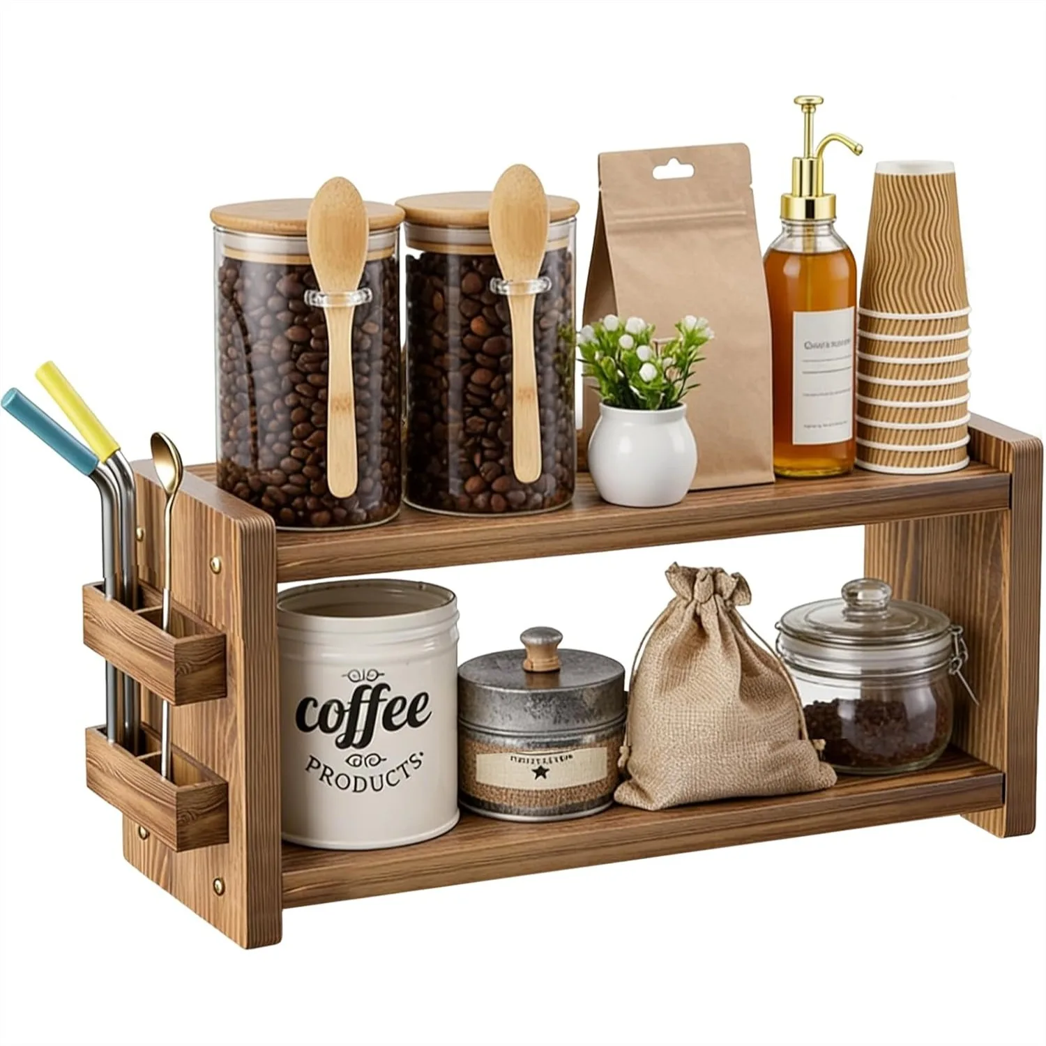 Organizador de Café y Matcha de Madera Maciza, Estante de 2 Niveles con Soporte para Pajitas, para Cápsulas, Té, Tazas, Almacenamiento en la Encimera
