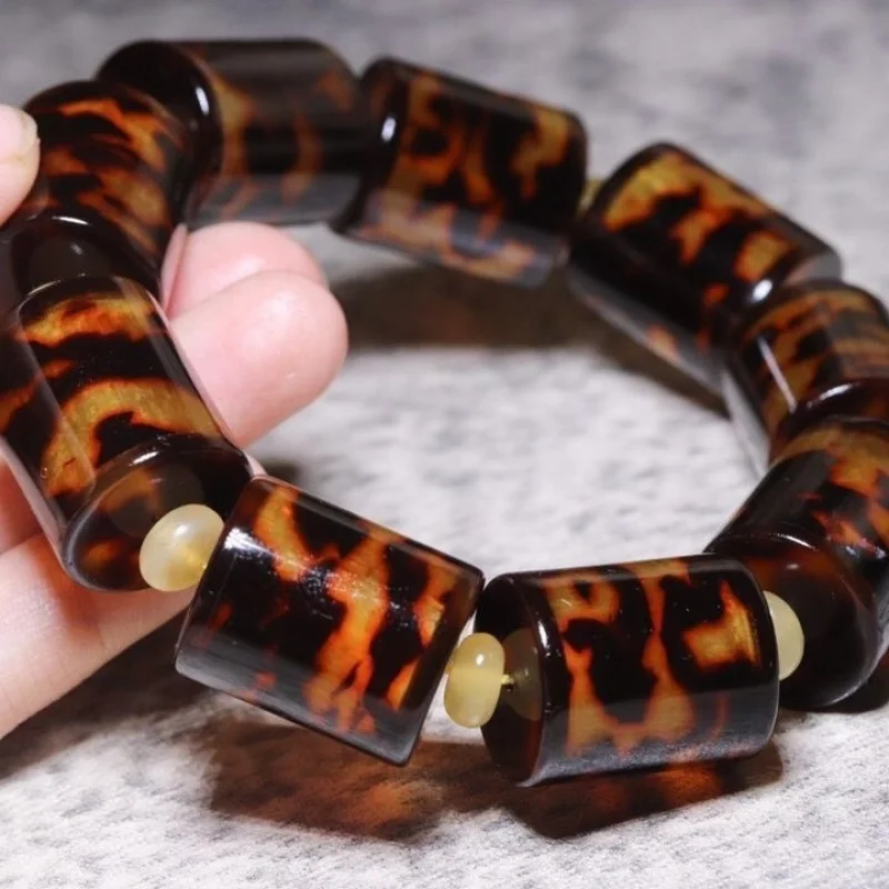 Natural mountain tortoise shell leopard pattern Tibetan- barrel beads ethnic style unisex Buddhist bead bracelet