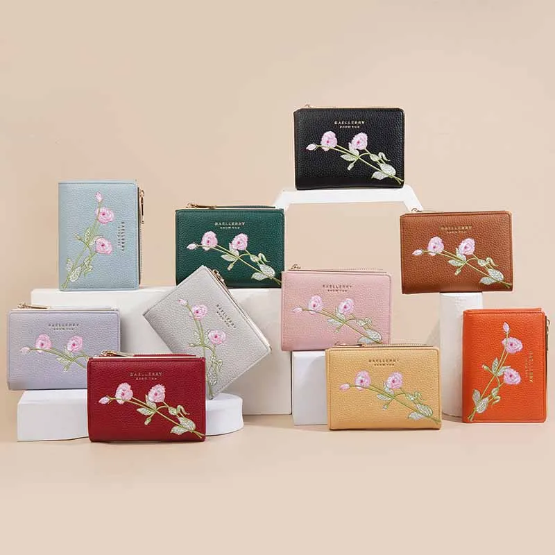 

New Women Embroidered Flower Short Wallet Girl Student Zipper Coin Purse Ladies Bank Card ID Holders Cute Small Wallets Carteras