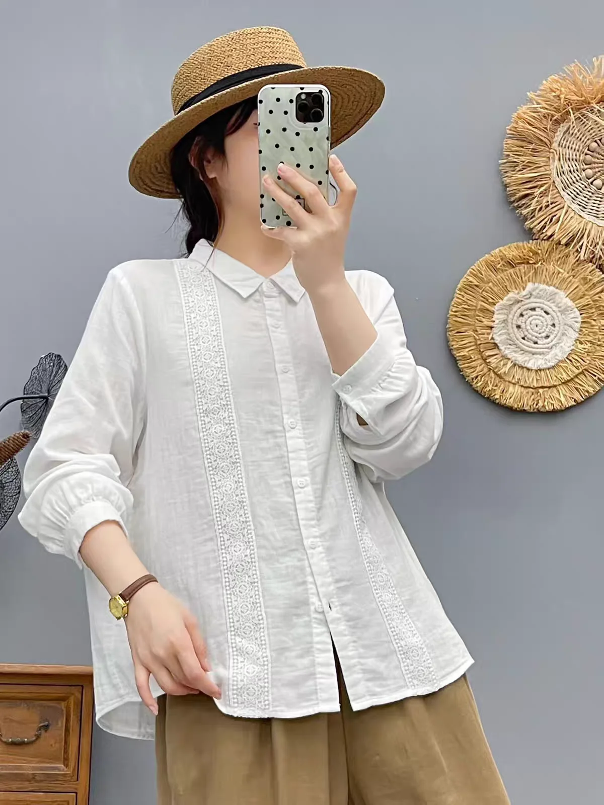 Sweet Lace Double Layer Cotton Long Sleeve Shirt Women's Spring Autumn Loose Casual Anti Aging Blouse Casual Style Loos...