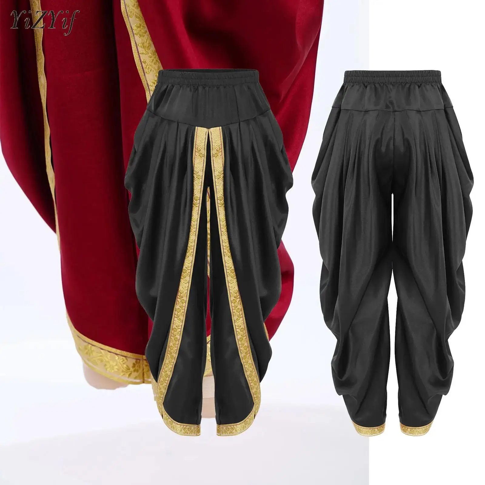 

Mens Arabian Prince Stain Indian Pants Elastic Waistband Draped Baggy Trousers Halloween Theme Cosplay Costume for Carnivals