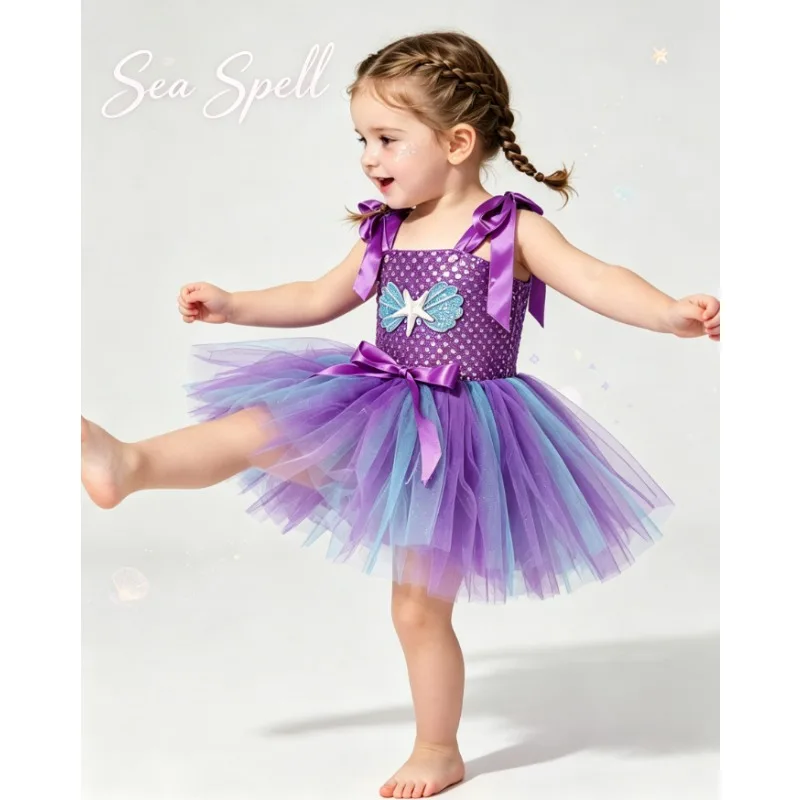 Baby Summer Mermaid Tutu Dress Soft Mesh Skirt Stage Performance Outfit Birthday Banquet Wear Cartoon Style Toddler Party Dress
