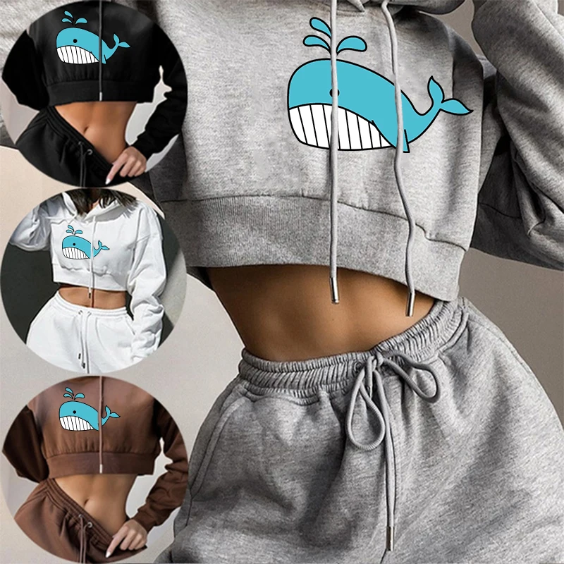 Women Crop Top Hoodie Casual Long Sleeve Hooded Short Sweatshirt Sexy Printed Crop Sweaters 10 Colors