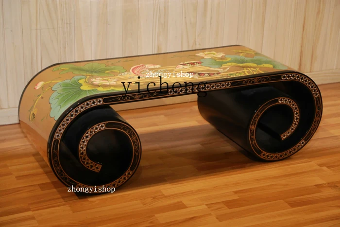 

TWR Antique Hand-Painted Complete Set Piano Table Tea Table Scroll Table Golden Peony