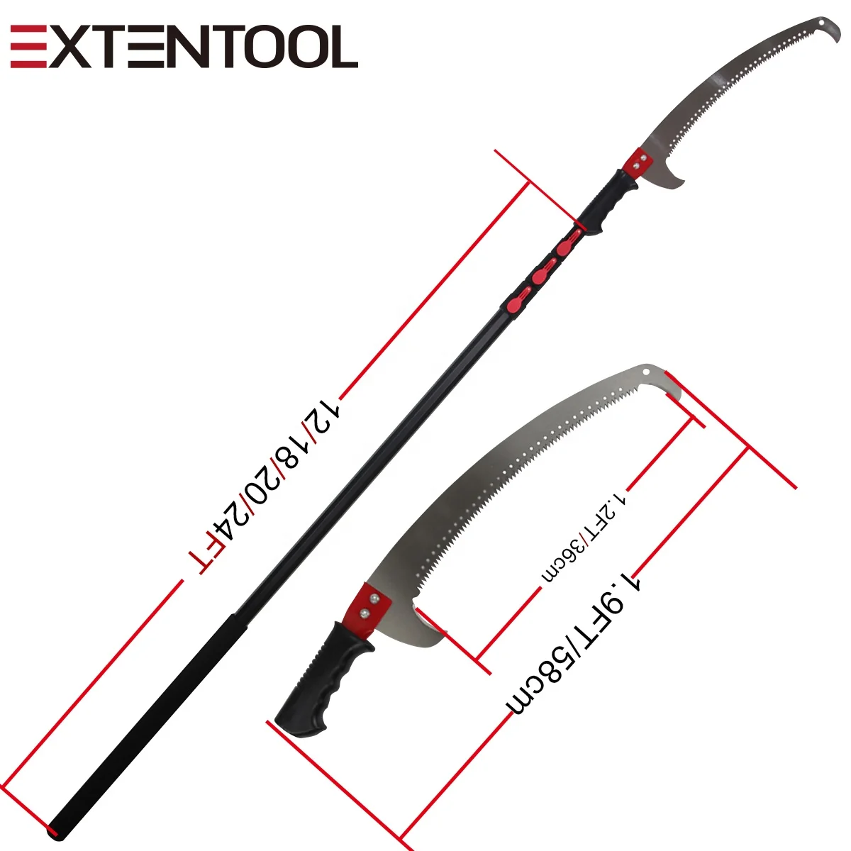 Extentool 24 feet telescopic pole saw with 7.2 meters strong aluminum extendable pole for long reach branch cutting