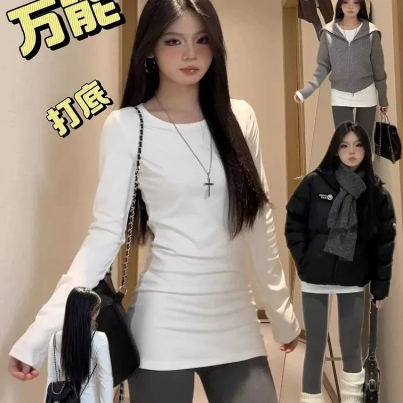 

Тонкая модная простая нижняя рубашка, весенне-осенняя универсальная повседневная футболка с длинным рукавом и круглым вырезом, корейская трендовая женская одежда