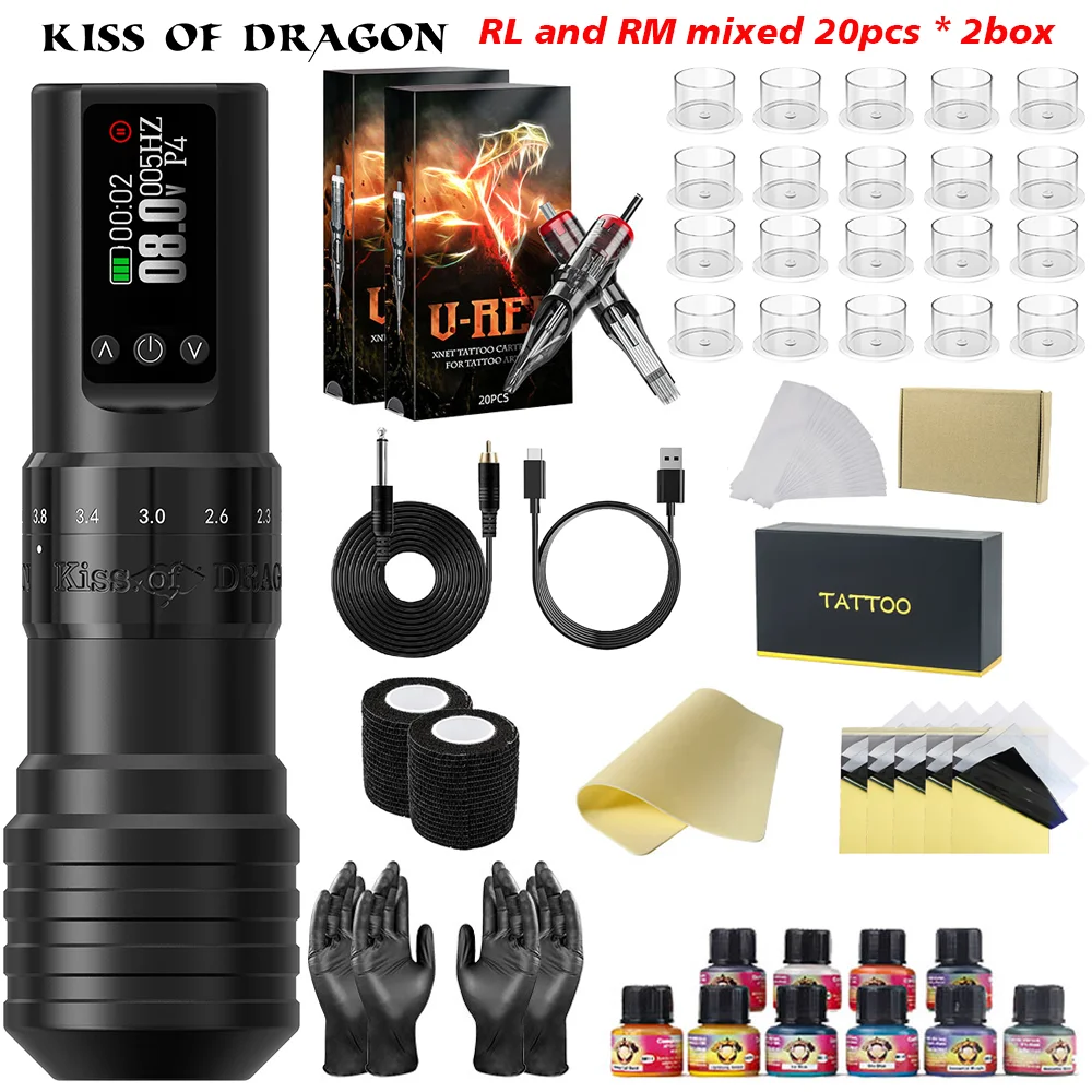 

Комплект беспроводной тату-машины Kiss of Dragon, ручка для тату-машины, регулируемая длина хода с аккумулятором 1600 мАч, комплект тату-пистолета