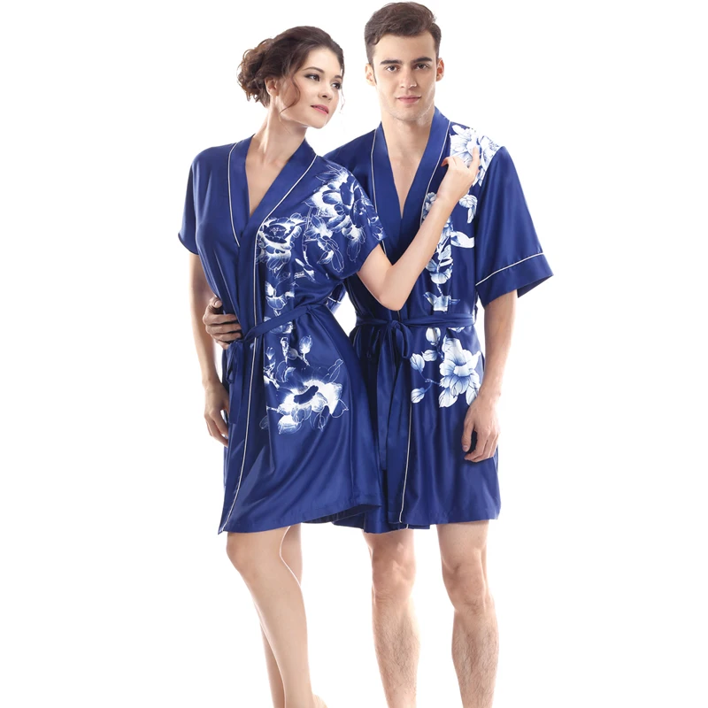 Ling Summer Men's Robe Imitation Satin Silk with Waist Belt Bath Robe Home Gown Sleepwear