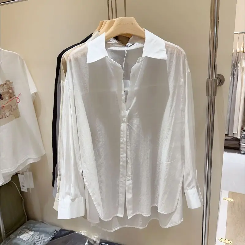 2024 New Summer Sun Protection Solid Color Women's Shirt Folds Simplicity Loose Casual Button Lapels Long Sleeve Y2K Chic Tops