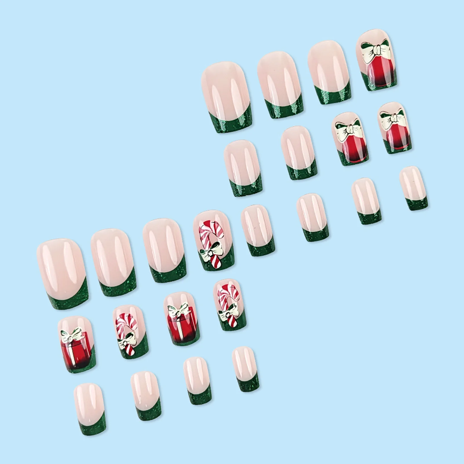 Christmas Nude Fake Nails with Green Tip Odorless Provides a Comfortable Experience for Professional Nail Art Salon Supply