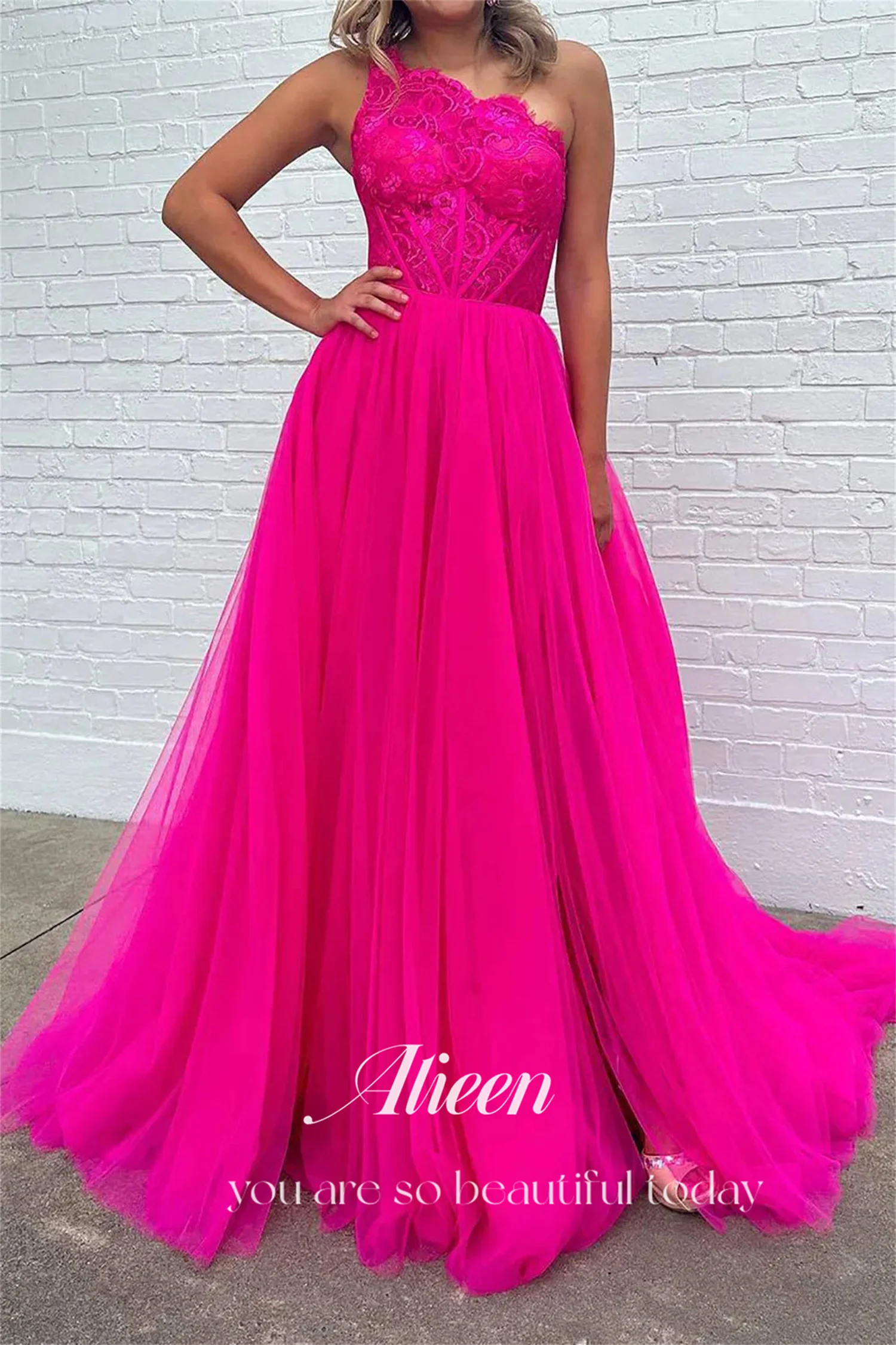 Vestidos de renda Aileen-A-Line para ocasiões formais, rosa vermelha, um ombro, festa de casamento, baile de formatura, luxo