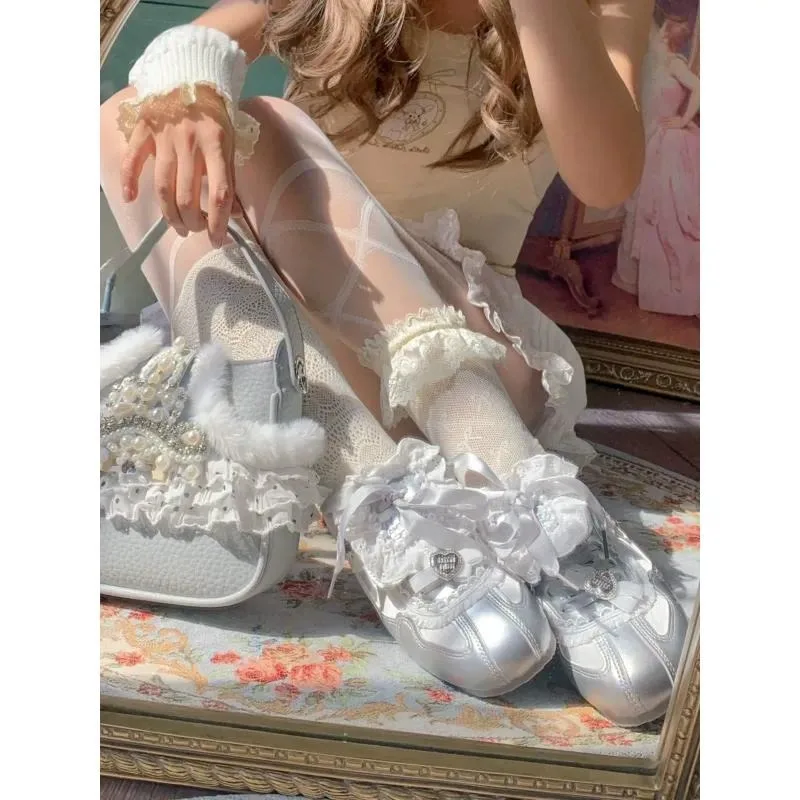 Women Sweet Flat Sneakers Lace Pearl Bow Decor Casual Shoes Elegant Japanese Style Daily Walking Footwear