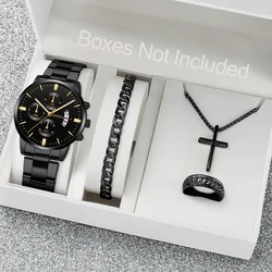 4pcs/set Men Business Watches Fashion Black Steel Band Male's Date Calendar Quartz Watch Jewelry Set（Without Box）