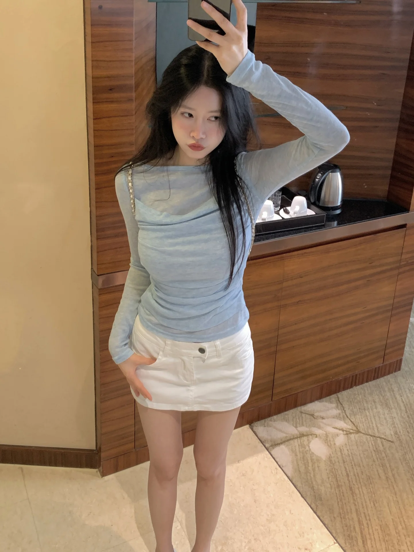 

Женская облегающая футболка Matou Pure White Moonlight Baby Blue с длинным рукавом, базовый слой, сексуальный стиль, подчеркивающий фигуру