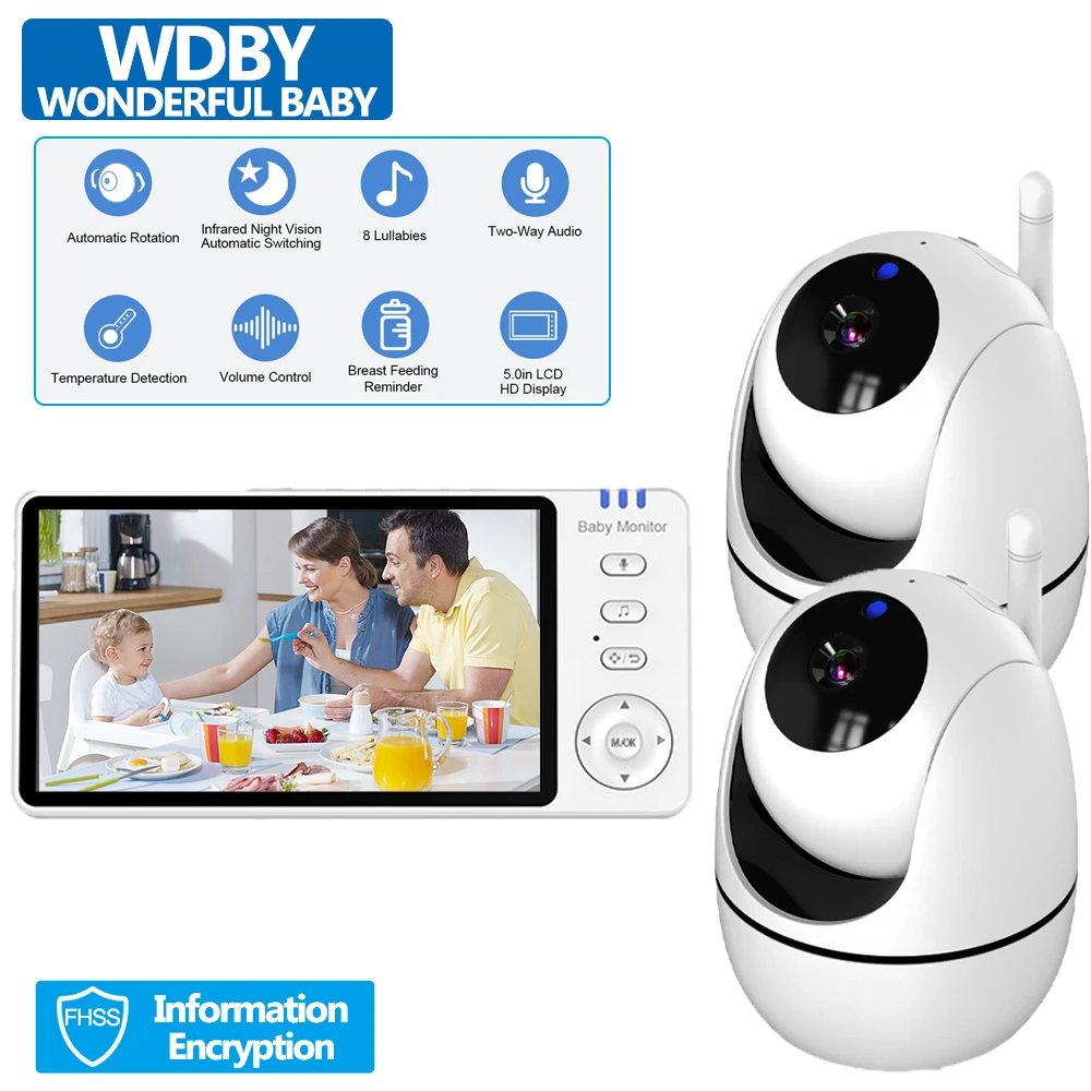 

5 Inch LCD Video Baby Monitor with 2 Cameras Zoom Function Temperature Sensor Lullaby 2-Way Audio Security Baby Surveillance Cam