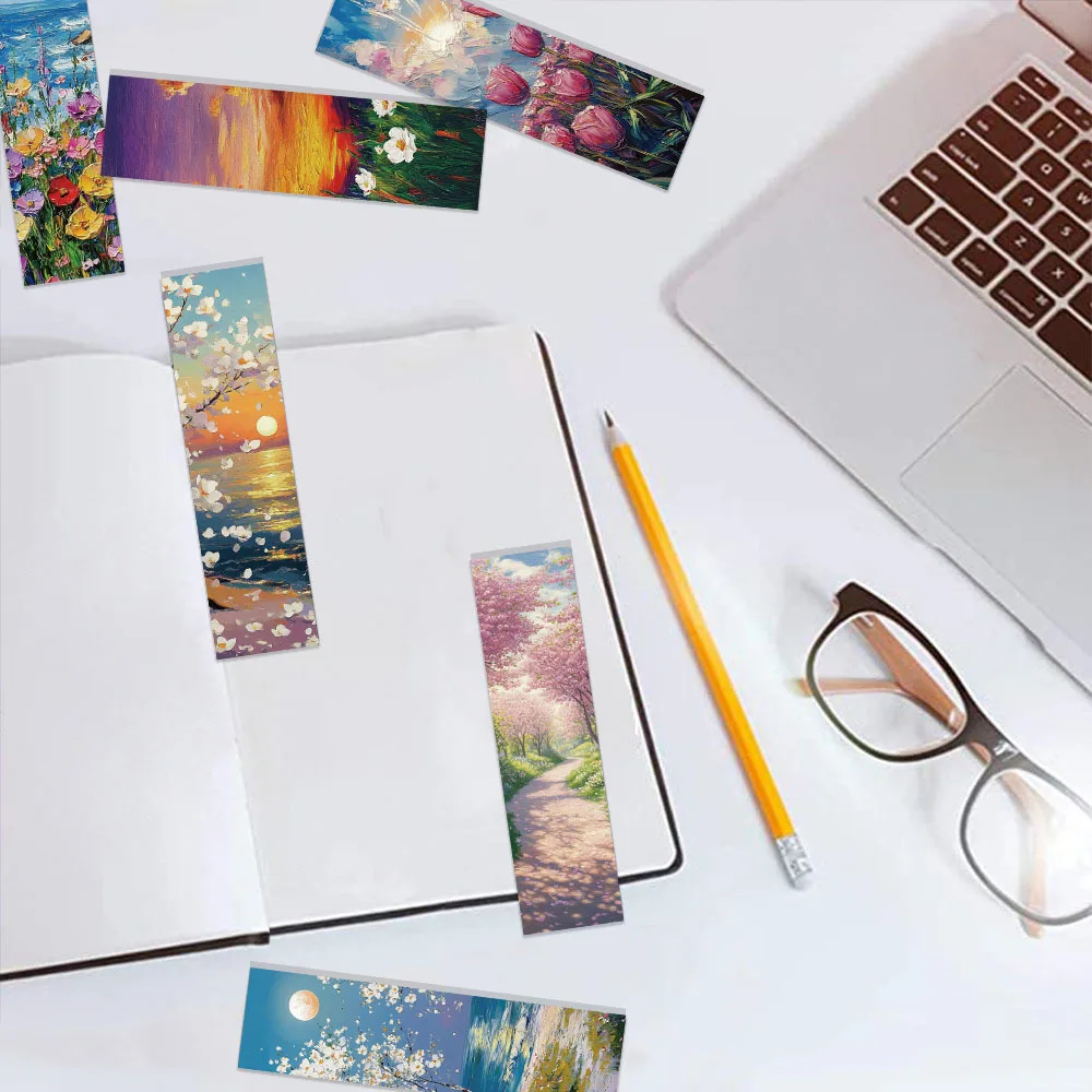 30Pcs Beautiful Romantic Sunset Flowers Grassland Oil Painting Style Art Bookmarks Paper Book Marking Page Number Card Bookmark