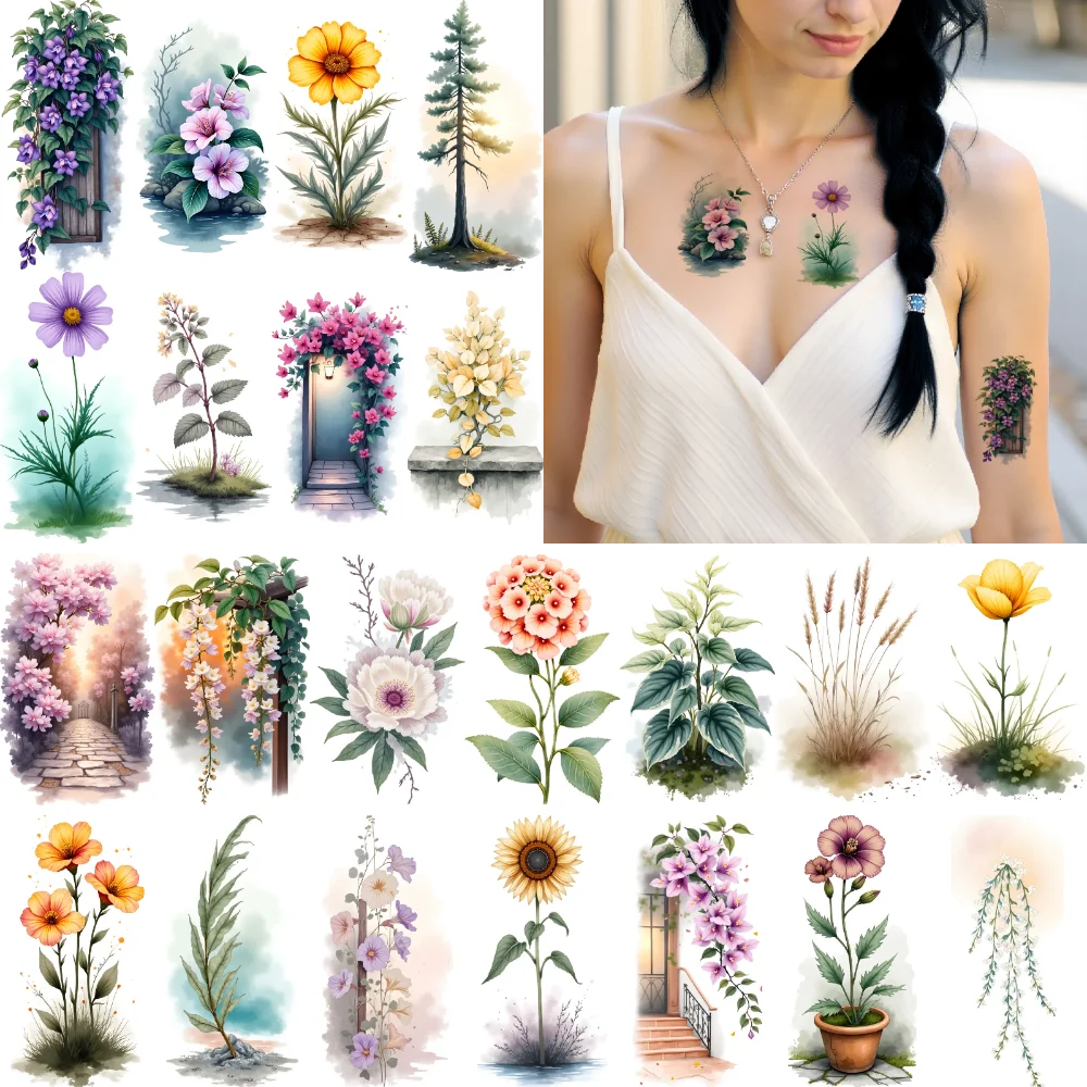 

9 шт., временные татуировки, деревья, акварельные цветы, растения, временные татуировки, наклейки для рук, щек, девочек