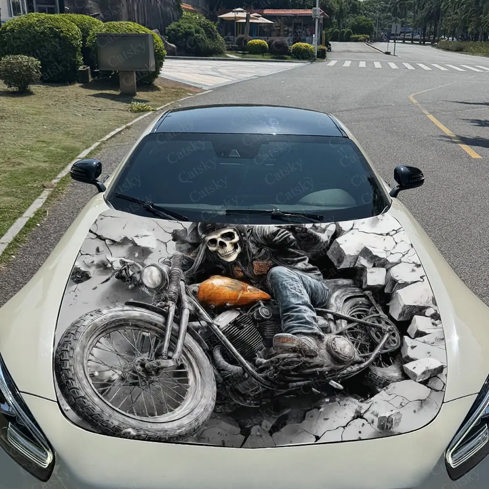Autocollant de capot de voiture à motif de moto et de squelette rétro, Film de carrosserie auto-adhésif imperméable en PVC résistant à l'usure, camion et berline S