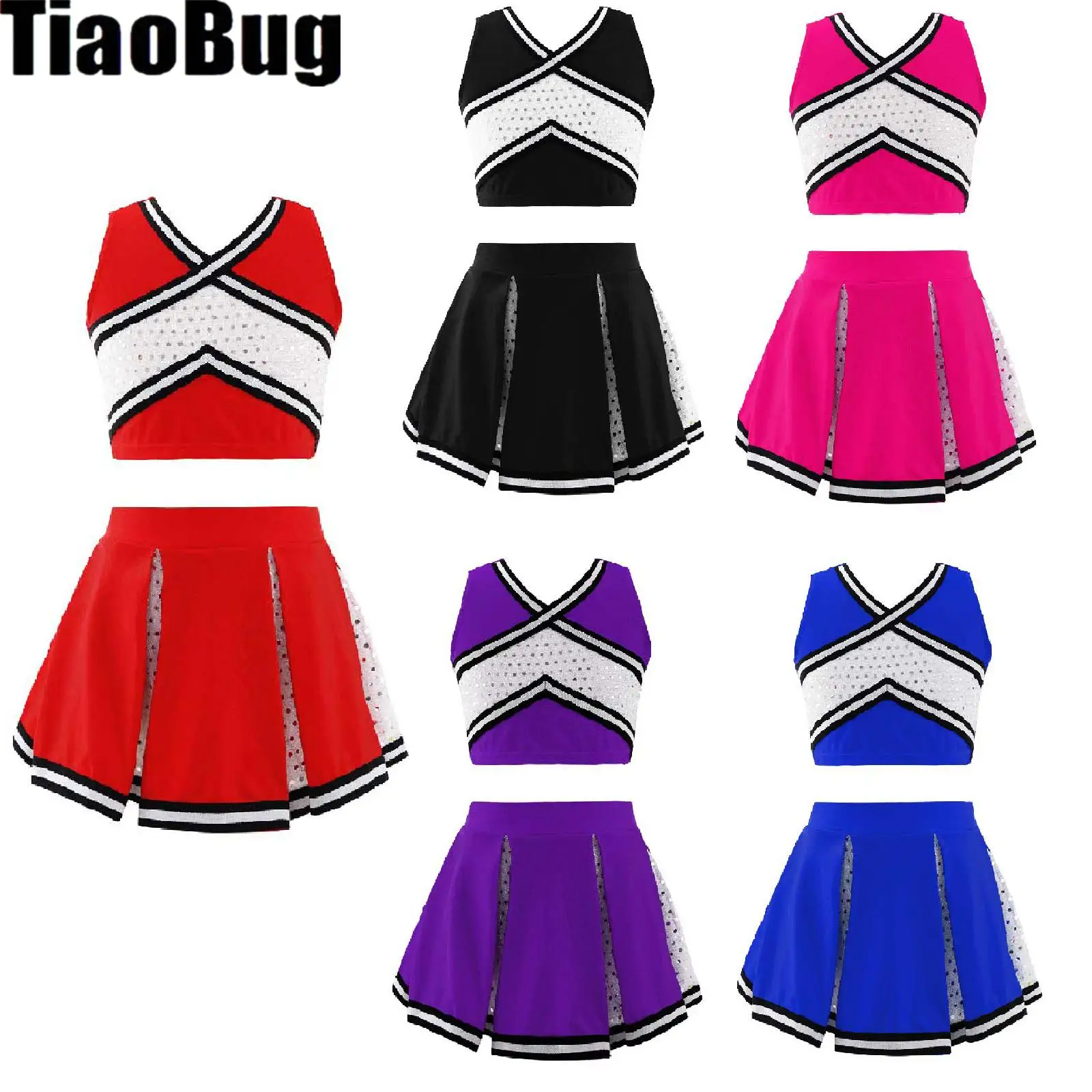 Kids Girls Cheerleading Dance Outfit Sleeveless Crisscross Striped Front V Neckline Top with Elastic Waistband Skirt