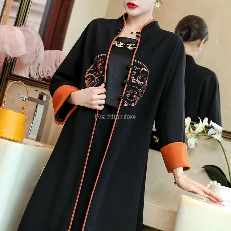 Chinese national style Tang suit button stand collar Wide-leg pants two-piece set long coat casual set female Tang trench coat