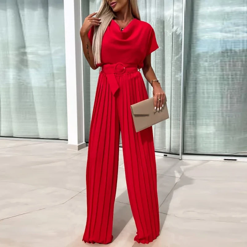 

Office Ladies Solid Straight Pleated Jumpsuit Spring O Neck Back Button Women Playsuit Romper Summer Short Sleeve Belted Overall