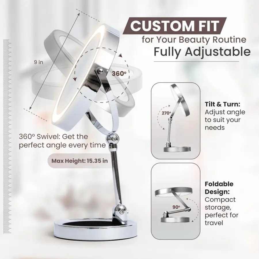 Miroir de maquillage à 9 lumières LED, rechargeable, miroir de courtoisie grossissant 1X 10X avec 3 lumières de couleur, hauteur réglable, grand haut 360