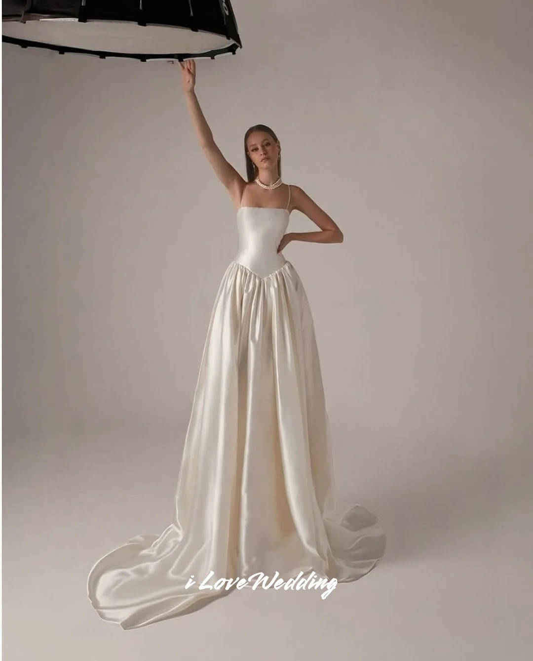 

White Spaghetti-Strap Wedding Dress 2025 Satin Sleeveless A-Line Sweep Train Pleated Floor-Length Wedding Party Dress Customized