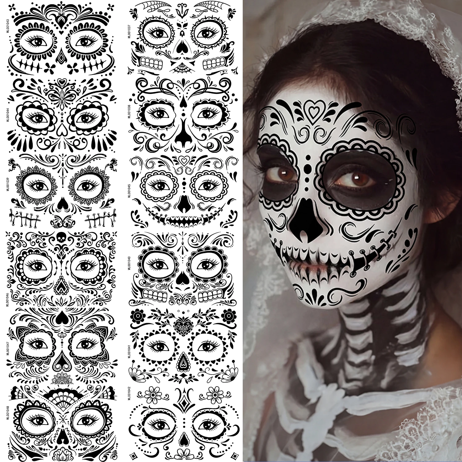 12 Stück gruselige temporäre Halloween-Gesichtstattoos mit schwarzem Muster für den Tag der Toten, Halloween-Make-up – Detail 1