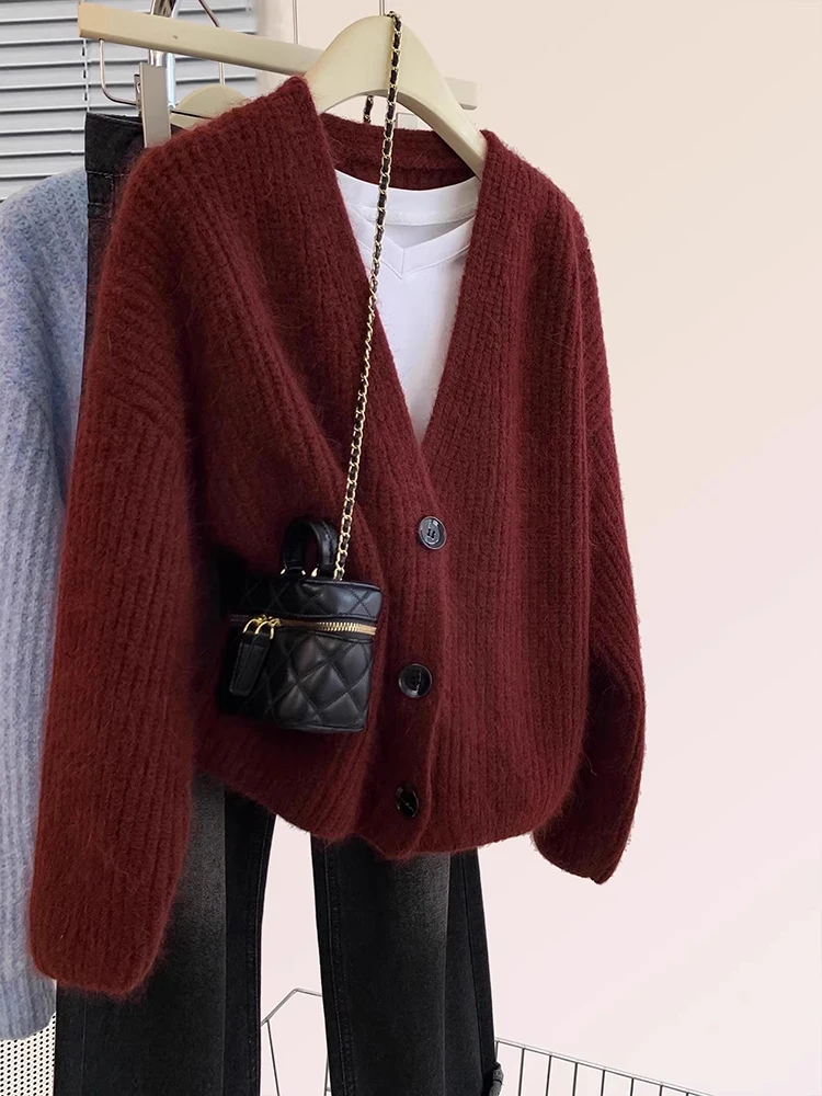 

Fashion V-neck Sweater Coat Women Solid Color Knitting Tops Simplicity Buttons Loose Sweater Cardigan Casual Versatile