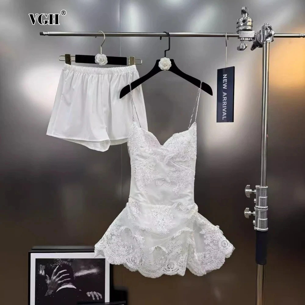 

VGH Hotsweet Two Piece Set for Women Square Collar Sleeveless Patchwork Embroidery Mini Dresses with Shorts Summer Suits Female