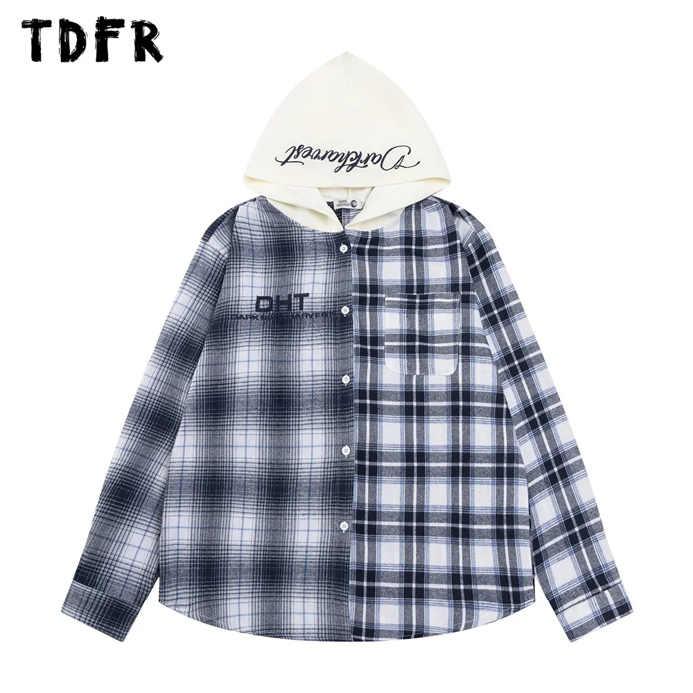 

Spliced Plaid Hooded Shirts Mens Letter Embroidery Autumn Streetwear Patchwork Long Sleeve Single Breasted Shirts Men