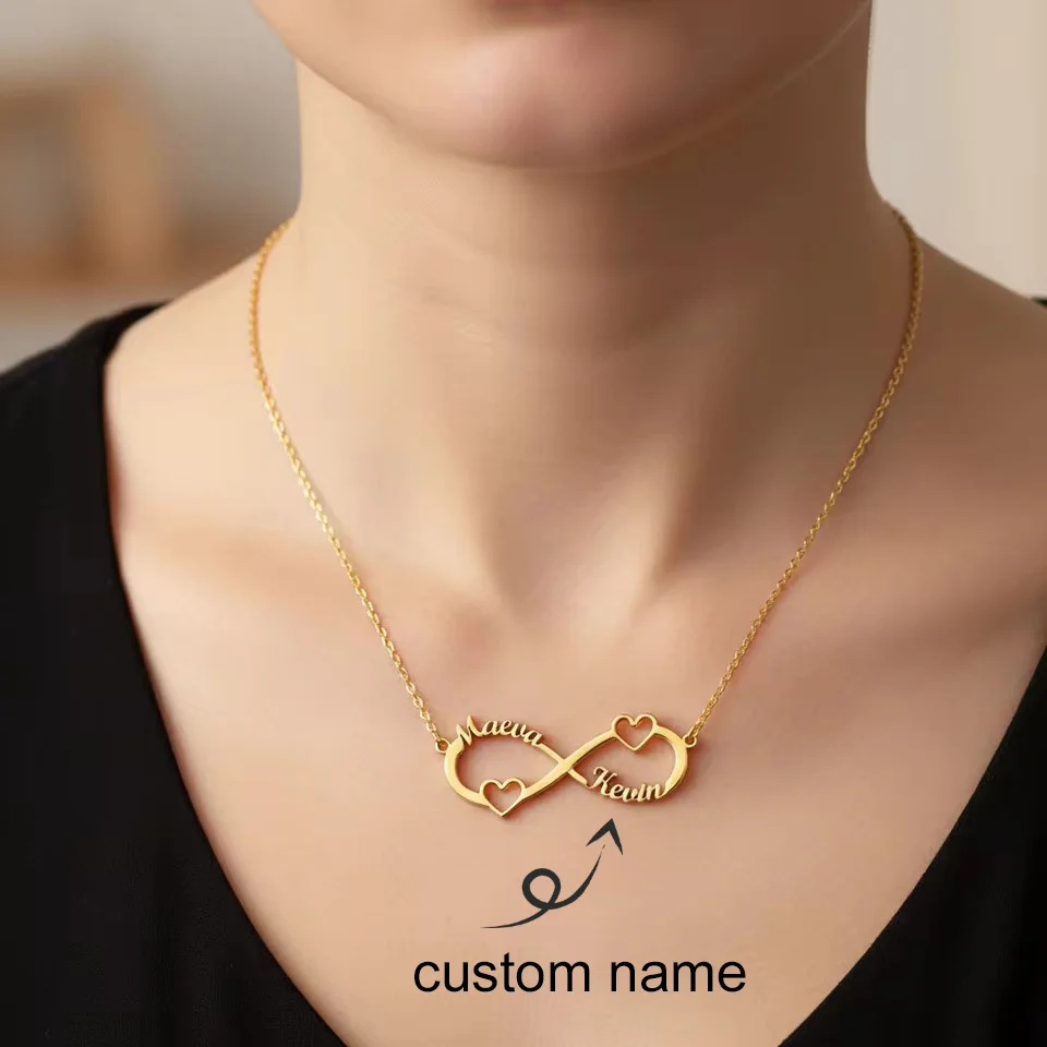 

18K Gold Plated Custom Double Heart Two Names Infinity Necklace for Women Stainless Steel Customized Pendant Necklace Jewelry