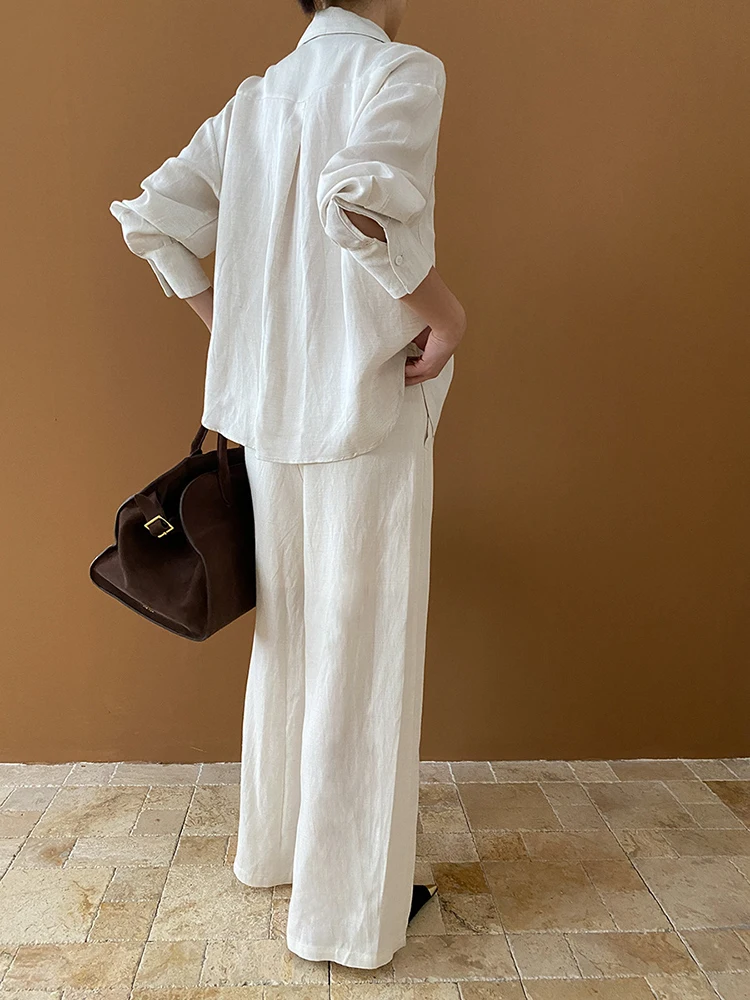 [EAM] Big Size Beige Elegant Shirt Wide Leg Pants Two Piece Suit New Lapel Long Sleeve Women Fashion Tide Spring Autumn 2024 00