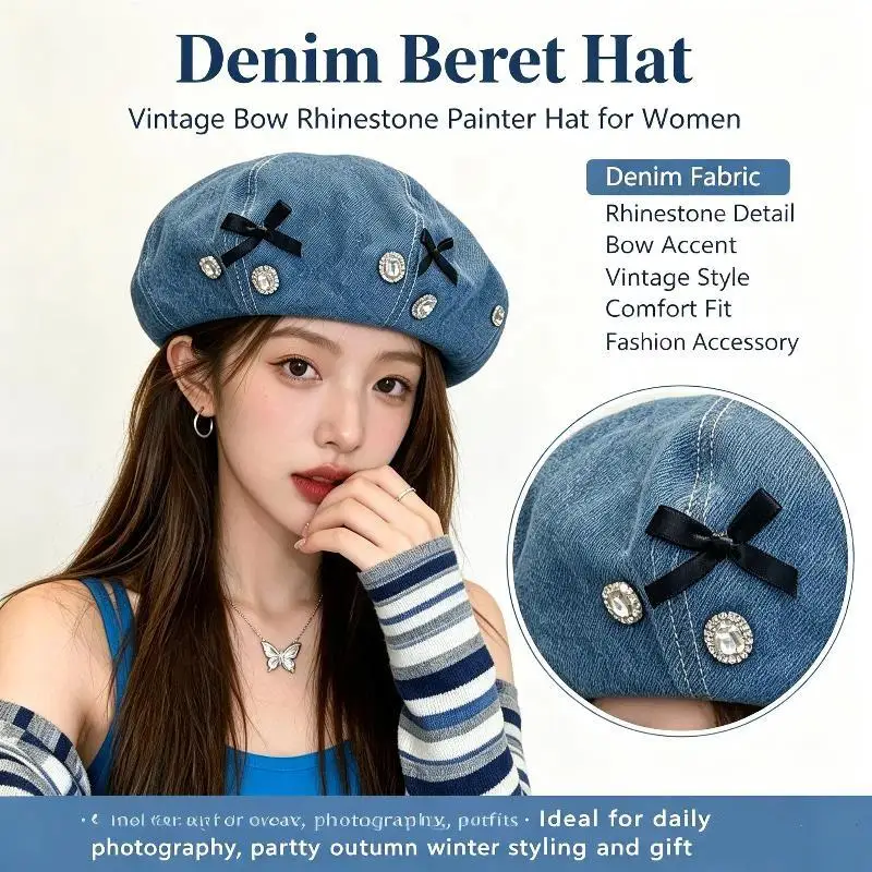 Washed Denim Octagonal Caps Solid Color Bow Decorated Women Beret Hats Casual Wear Rhinestone Embellished Artist Hat