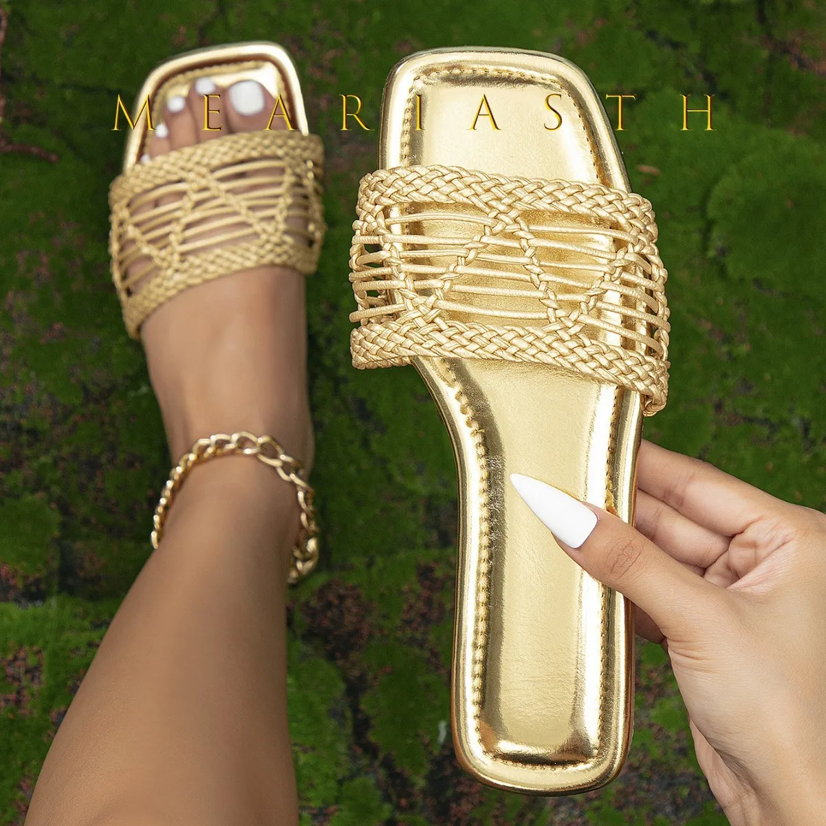

size 42 Summer Fashion gold Women's Slippers Leather Square Toe Women's Flats Flip-flops Sliding Sandals Women's Luxury Sandals