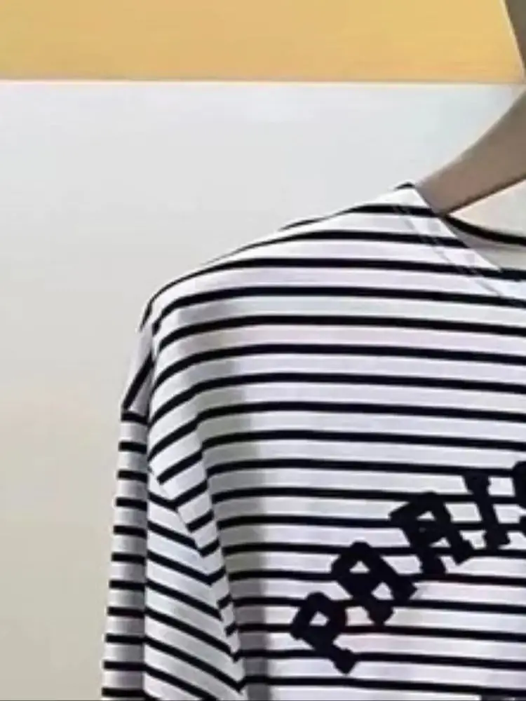 Letter Embroidery Women Striped T-Shirt Autumn 2024 Long Sleeve Round Neck Loose Female Tee Tops