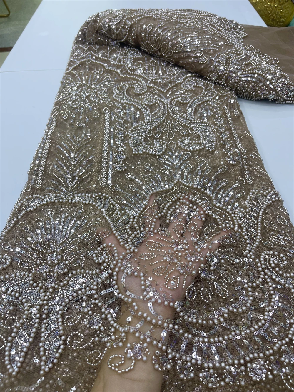 Luxury African Mesh Lace Sequin Fabric,Fabrics By The Meter,For Sewing,Beaded,White,Tulle,Wedding Dresses,Embroidery,5 Yards